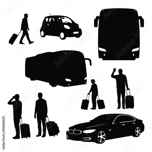 Black silhouettes of people with luggage and various vehicles on white background for travel or transportation concepts