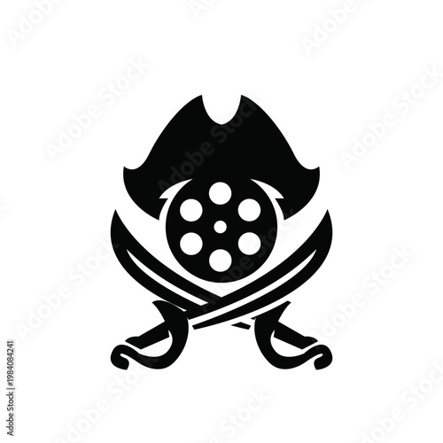 Pirate Hat with Film Reel and Crossed Sabers Icon for Movie Piracy Concept