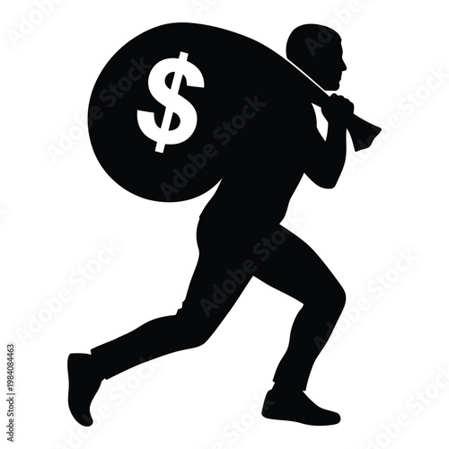 Man carrying a large money bag on his shoulder running  financial burden and wealth concept