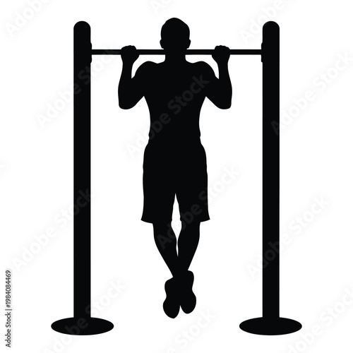 Man doing pull ups on a bar with two poles  fitness exercise  workout routine  body weight training