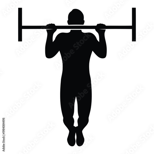 Man doing pullups on a bar with hands and feet off the ground in a fitness exercise routine