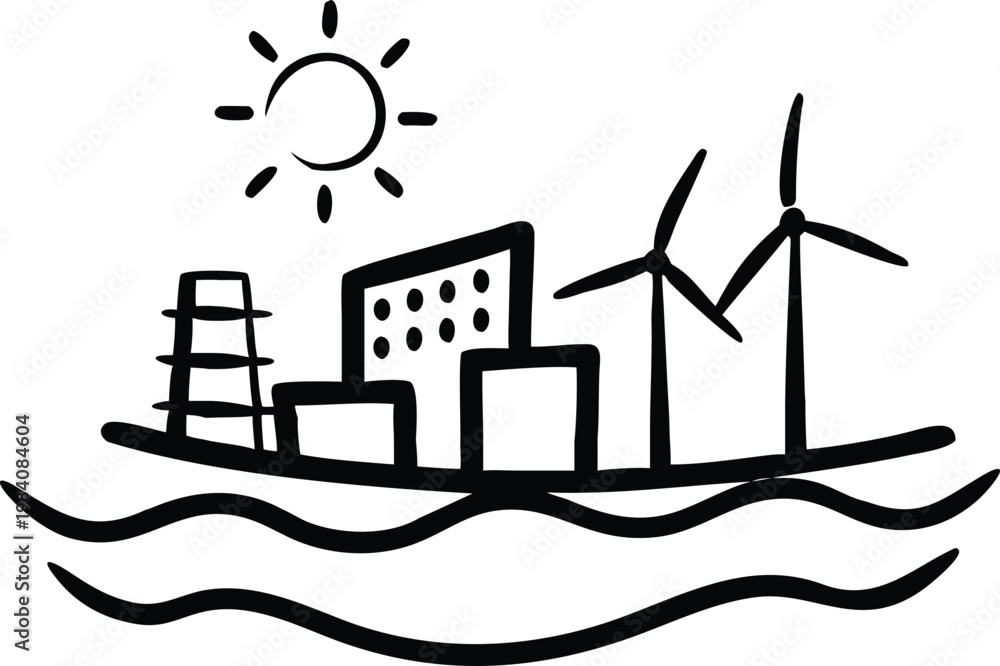 Naklejka premium industrial coastal scene with buildings wind turbines oil rig and sun symbolizing energy technology and environment