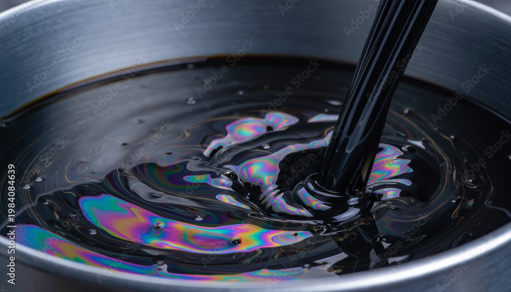 Obraz premium Oil pour viscous liquid metal barrel swirling texture extreme close up black fluid industrial abstract iridescent lubricant Thick viscous oil pouring into metal barrel, swirling texture extreme