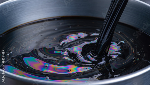 Oil pour viscous liquid metal barrel swirling texture extreme close up black fluid industrial abstract iridescent lubricant Thick viscous oil pouring into metal barrel, swirling texture extreme