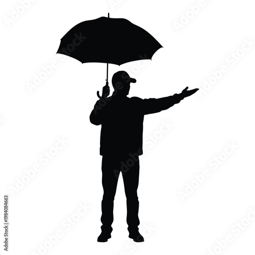 Man in silhouette holding umbrella and gesturing with one hand  standing against white background