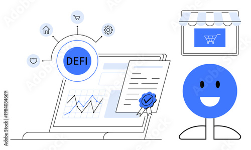 Financial technology, blockchain communication, decentralized commerce, investment management, online shopping, verification process. DeFi network diagram with certificate, shop banner, and chart