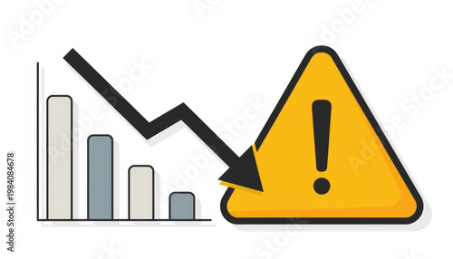Market crash warning sign downward arrow financial chart risk alert decline investment business finance illustration with falling bar chart, negative trend arrow, yellow caution triangle warning