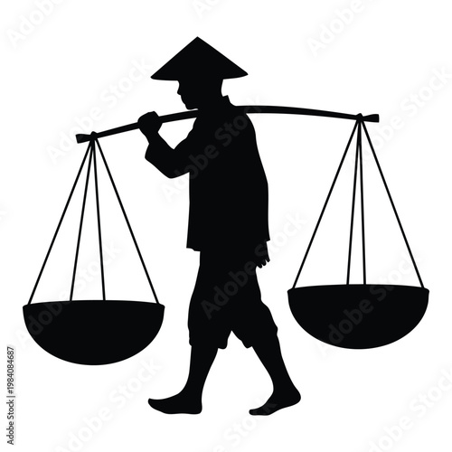 Man in traditional asian conical hat carrying large balance scales on shoulder walking isolated on transparent background