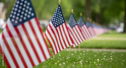 Happy independence day usa a patriotic display of american flags on a lush green lawn