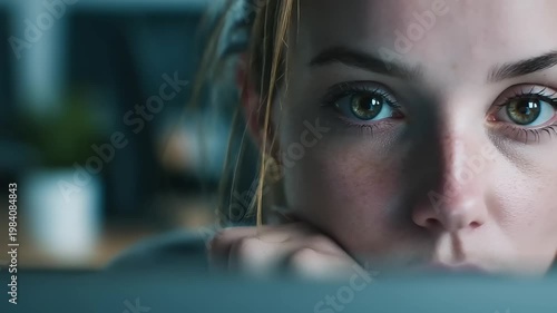 Intense Focus on Computer Screen in Home Office