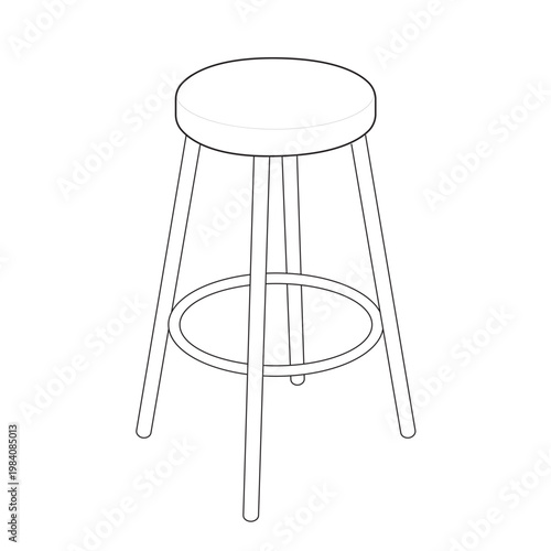 Isometric backless bar stool and circular footring 4 leg counter chair linear drawing
