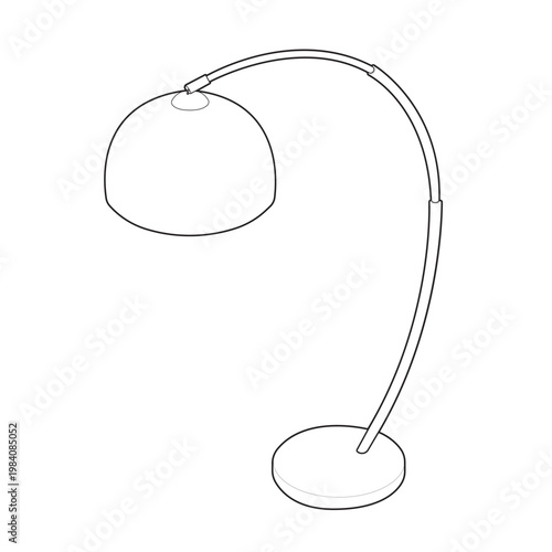 Isometric mid century modern arc floor lamp and dome shade luminaire linear drawing