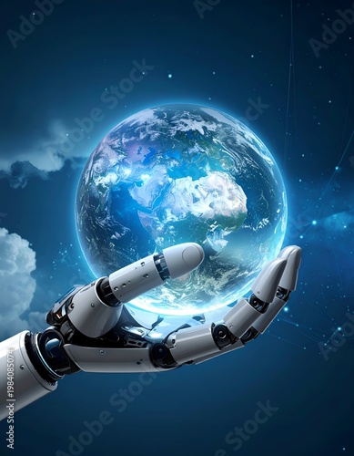 Robotic Hand Holding Earth - A Vision of Technological Stewardship.