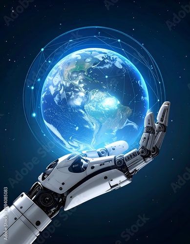 Robotic Hand Holding a Glowing Earth - Technology and Global Connection.