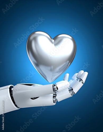 Robot Hand Holding a Silver Heart on Blue Background.
