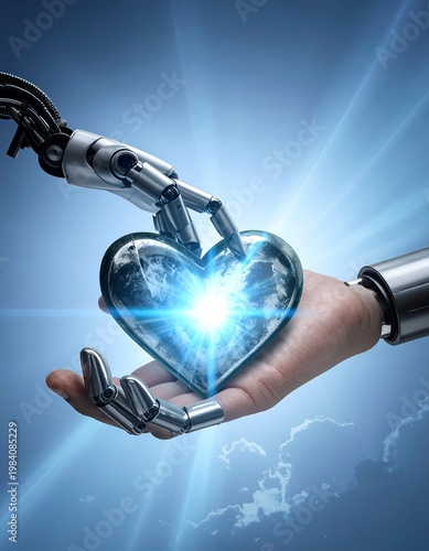 Robotic Hand Offering a Heart - Technology and Humanity.