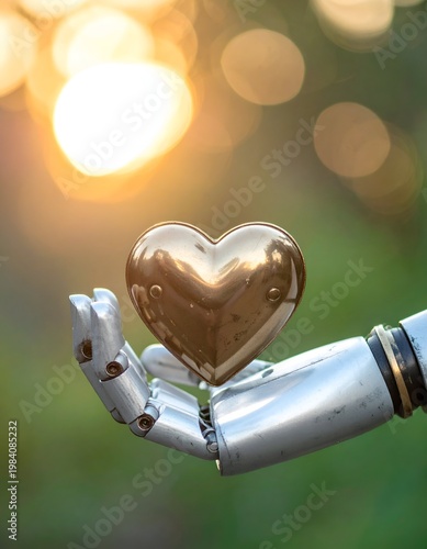 Robot hand holding a golden heart with bokeh background.