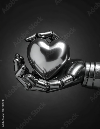 Robot Hand Holding a Metal Heart in Black and White.
