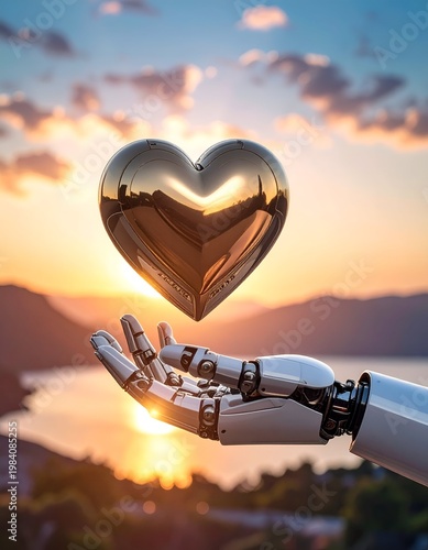Robot Hand Offering a Golden Heart Against a Sunset Sky.
