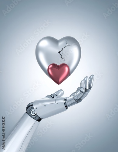 Robot hand holding a broken silver heart with red core.