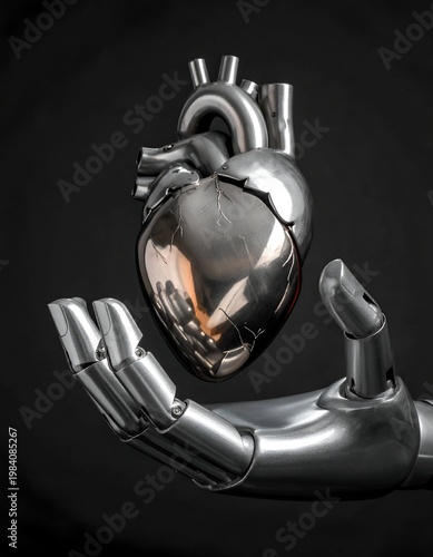 Robotic Hand Holding a Metallic Heart - A Symbol of Artificial Intelligence.