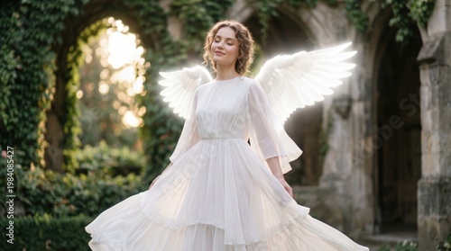 Beautiful Woman in Flowing White Dress with Angel Wings in Lush Garden Setting