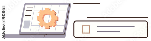 Workflow management, system preferences, productivity tools, IT services, task automation, user interface. A gear icon on a laptop screen and a checkbox nearby. Workflow management and system