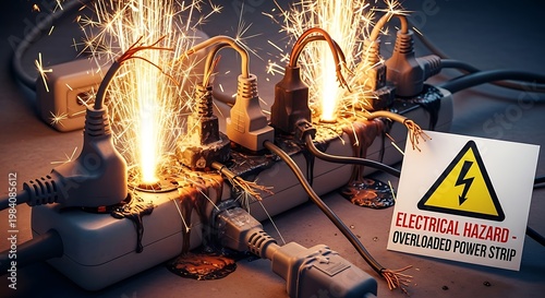 Overloaded power strip with sparks and electrical hazard warning sign