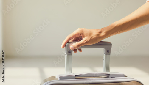 Travel suitcase hand luggage handle close up Minimal travel suitcase handle held by human hand, clean background, packing concept for business trip, airport journey, tourism vacation