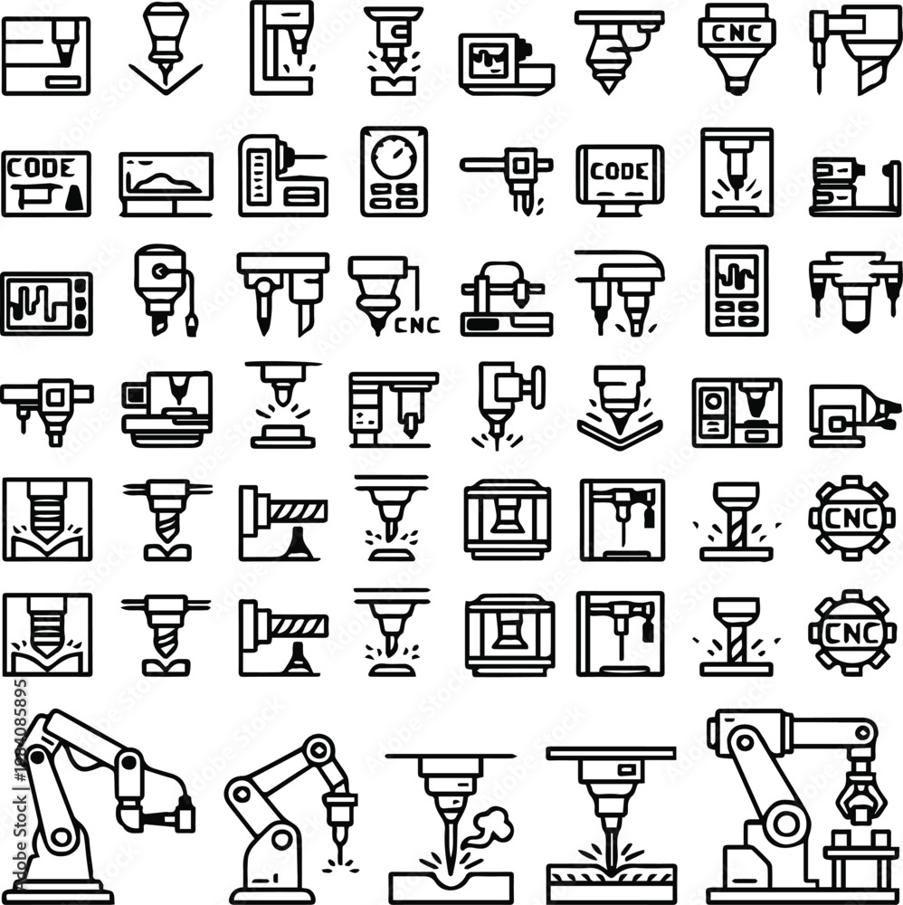 Fototapeta premium cnc machine workshop equipment icons blueprint style line vector pack