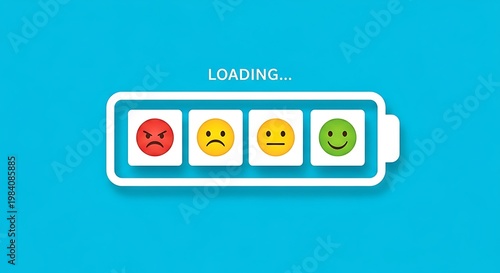 A battery icon with different emotional faces loading on a blue background