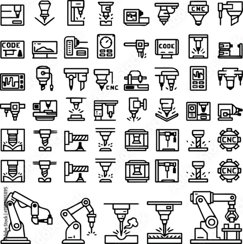 cnc machine workshop equipment icons blueprint style line vector pack