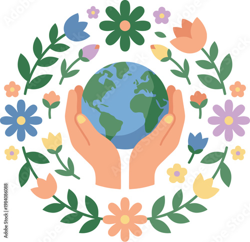 Stylized wreath of diverse flowers and leaves encircles the Earth held gently in cupped hands, representing global nature, floral beauty, and ecological guardianship.