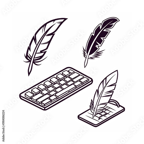 Set of Isometric Keyboard and Feather Quill Pen Icons for Traditional and Digital Writing Concepts