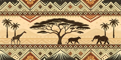 African Safari Seamless Pattern Elephant Giraffe Tribal Style Background Illustration