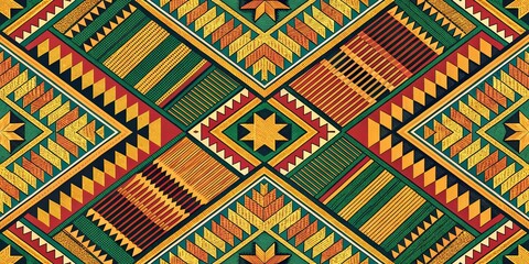 Juneteenth African Pattern Seamless Geometric Textile Design Red Green Black Background