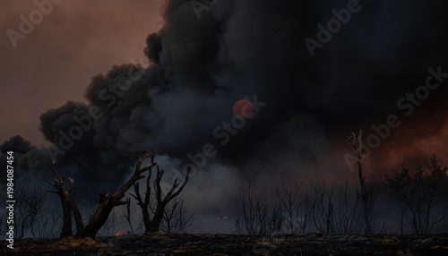 Wildfire smoke red sun forest burned tree haze thick smoke disaster landscape pollution, red sun dim behind thick smoke over scorched forest landscape, burned tree silhouette and smoky haze