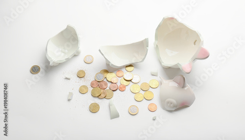 Broken piggy bank scattered coin saving finance debt budget white background top view, broken ceramic piggy bank fragment with scattered coin white surface, symbolizing financial loss