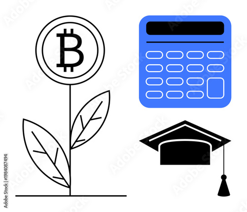 Finance, cryptocurrency, growth, education, savings, investment. Bitcoin symbol as a plant, calculator and cap. Cryptocurrency growth and finance education concept