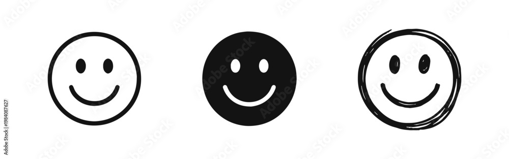 Obraz premium Happy Smiley Face Icons - Positive Customer Feedback and Emotion Symbols in Three Graphic Styles