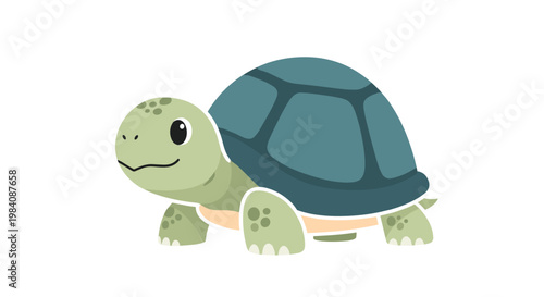 Friendly green turtle character with a dark grey shell walks slowly across a white background in a simple vector illustration.
