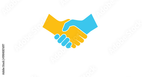 Stylized handshake icon using yellow and blue colors to represent partnership, agreement, and cooperation in a minimalist design.