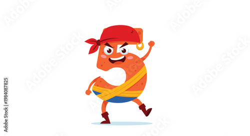 Cartoon number five character dressed as a fierce pirate with a red bandana, earring, and boots for educational or party themes.