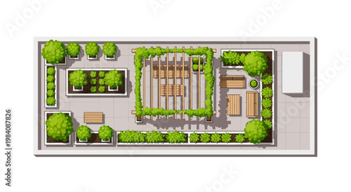 Aerial view of a serene garden landscape with trees, greenery, and pathways in a peaceful outdoor setting with buildings and a patio area via RJ ImageFX Auto