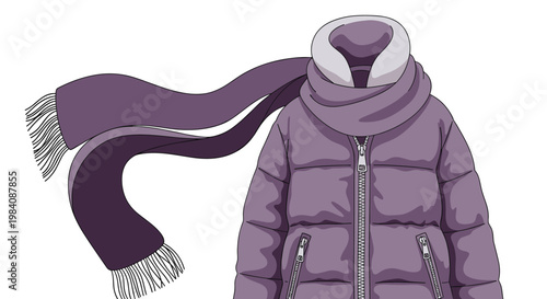 Winter fashion illustration showing a purple quilted puffer jacket paired with a matching long scarf blowing in the wind.