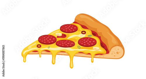 Tempting slice of pepperoni pizza with gooey melting yellow cheese and multiple sausage slices on a thick crust over white.
