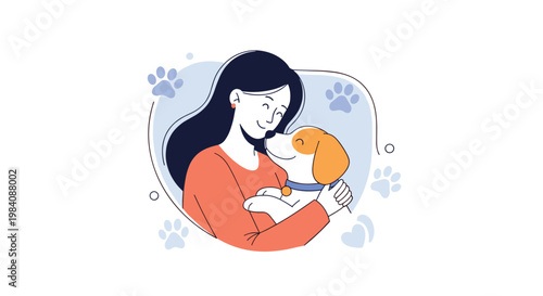 Heartwarming illustration of a woman hugging a cute beagle puppy with paw prints and heart shapes in the background.
