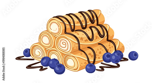 Delicious stack of rolled crepes filled with cream and topped with drizzled chocolate sauce and fresh blueberries on white.