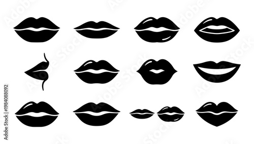 Lip and Mouth Silhouettes Set, Cosmetic Beauty Lips Shapes and Icons