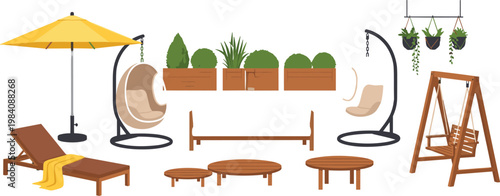Outdoor Patio Furniture and Garden Decor Vector Set with Swing Chairs, Loungers, Umbrella, Planters, and Relaxation Accessories for Backyard, Yard, and Leisure Designs
